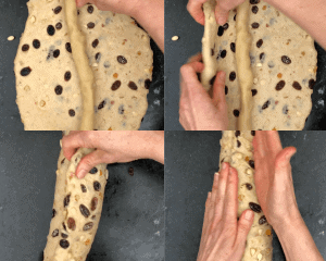 Marzipan being folded into bread dough