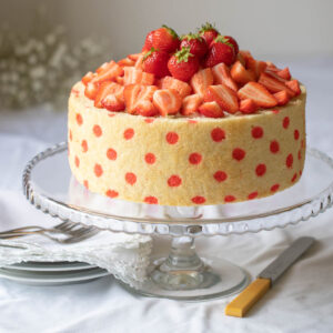 Cake with red polka dots and strawberries on top